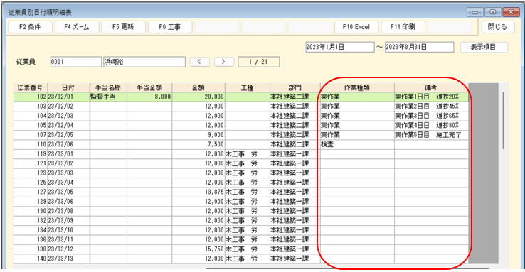 従業員別日付順明細表　作業種類と備考表示